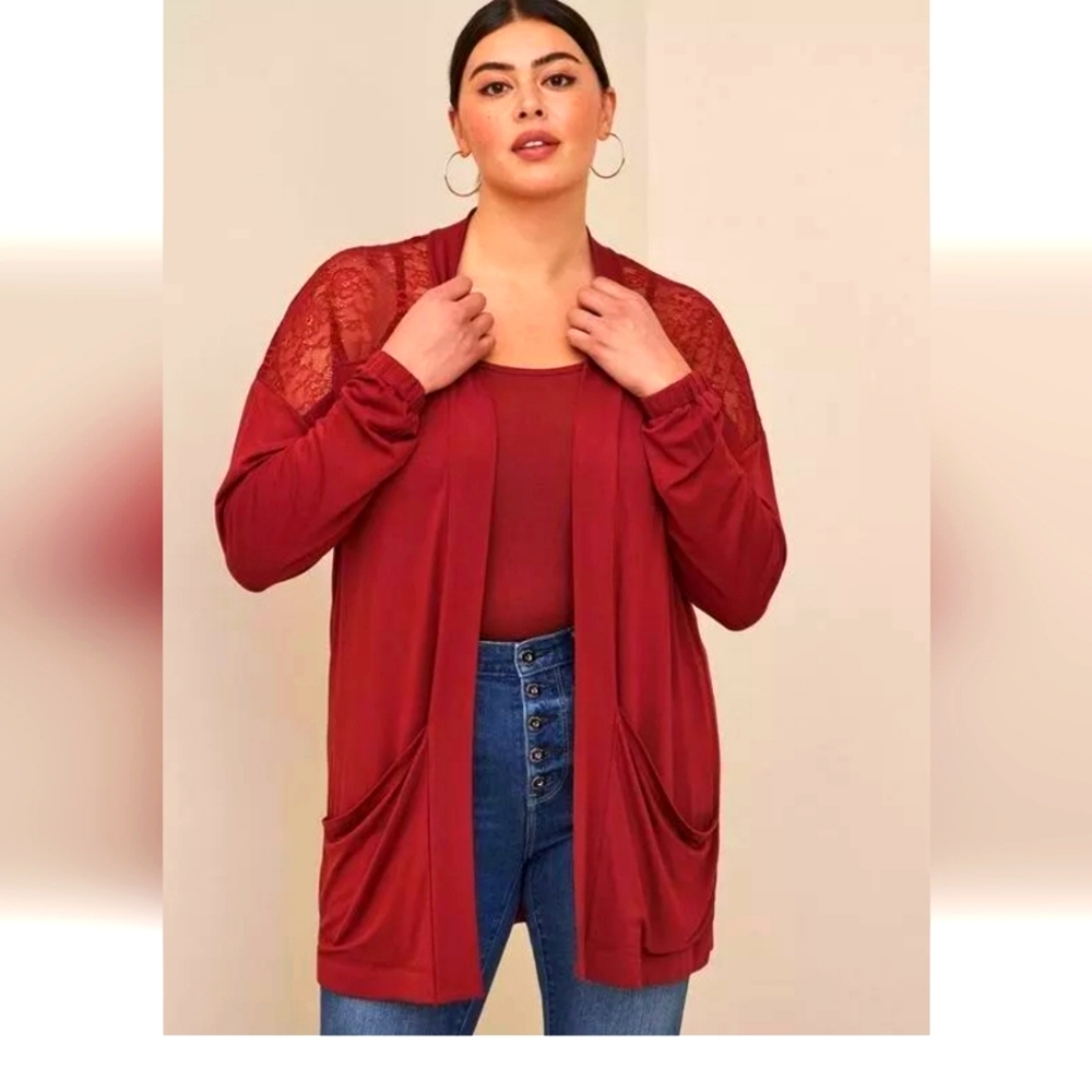 TORRID Red Lace Cardigan Open Front Super Soft Knits Brick Burgundy Long Plus 3X